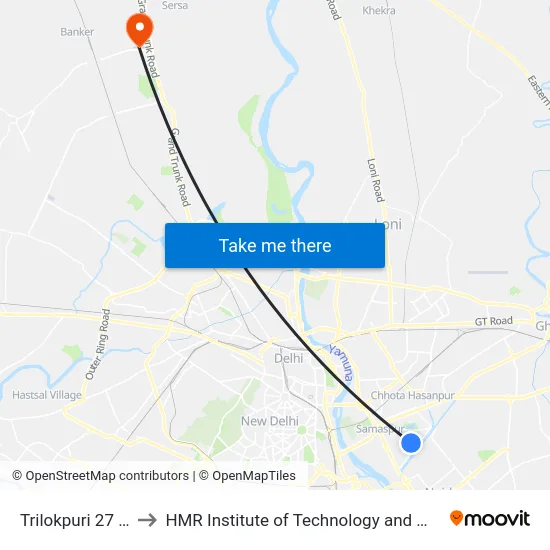 Trilokpuri 27 Block to HMR Institute of Technology and Management map