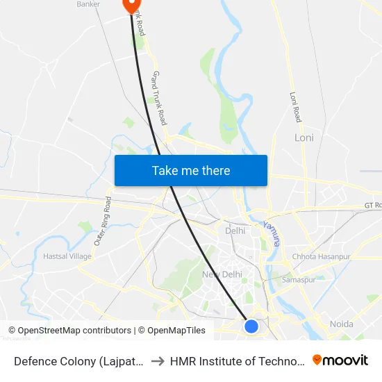 Defence Colony (Lajpat Nagar Metro Station) to HMR Institute of Technology and Management map