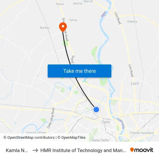 Kamla Nagar to HMR Institute of Technology and Management map