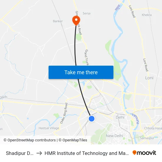 Shadipur Depot to HMR Institute of Technology and Management map
