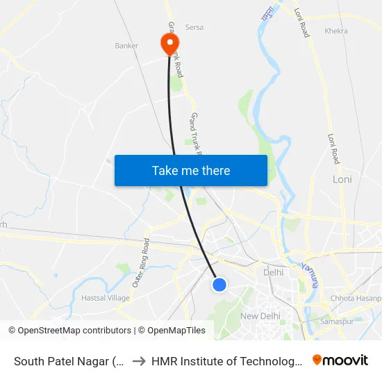 South Patel Nagar (Metro Station) to HMR Institute of Technology and Management map