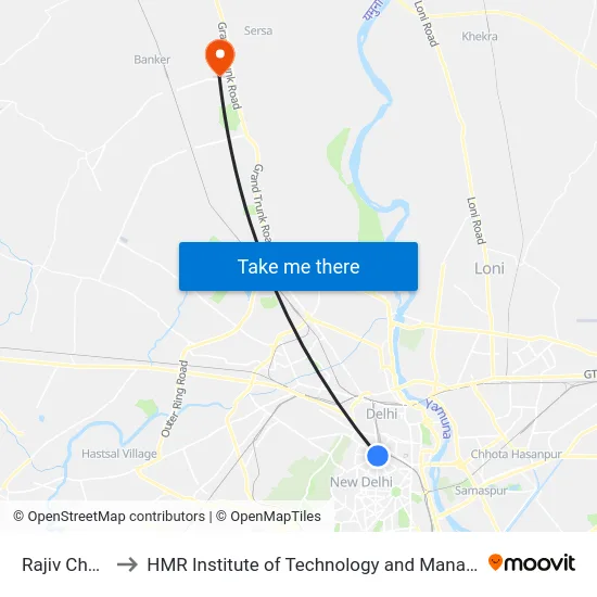 Rajiv Chowk to HMR Institute of Technology and Management map