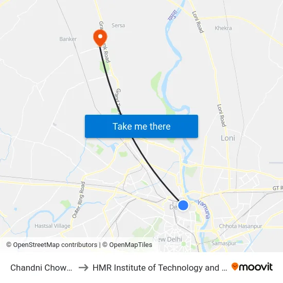 Chandni Chowk Metro to HMR Institute of Technology and Management map