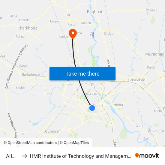 AIIMS to HMR Institute of Technology and Management map