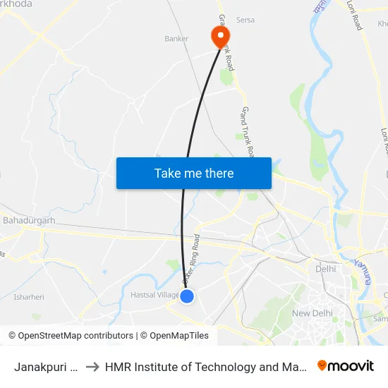 Janakpuri East to HMR Institute of Technology and Management map