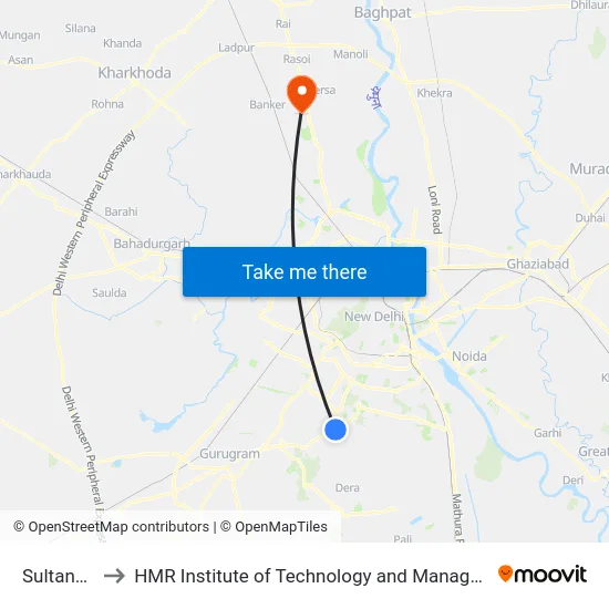 Sultanpur to HMR Institute of Technology and Management map