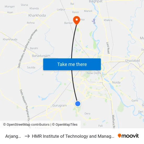 Arjangarh to HMR Institute of Technology and Management map