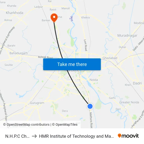 N.H.P.C Chowk to HMR Institute of Technology and Management map