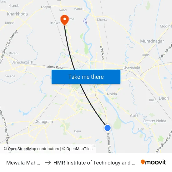 Mewala Maharajpur to HMR Institute of Technology and Management map