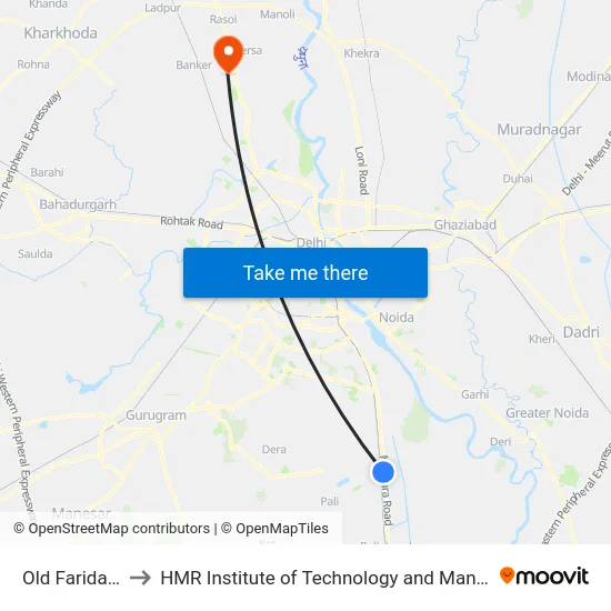 Old Faridabad to HMR Institute of Technology and Management map