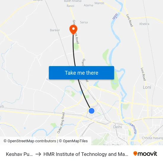 Keshav Puram to HMR Institute of Technology and Management map
