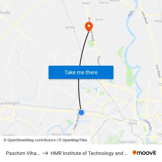 Paschim Vihar West to HMR Institute of Technology and Management map
