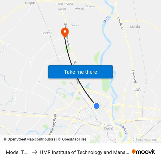 Model Town to HMR Institute of Technology and Management map
