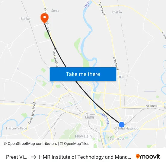 Preet Vihar to HMR Institute of Technology and Management map