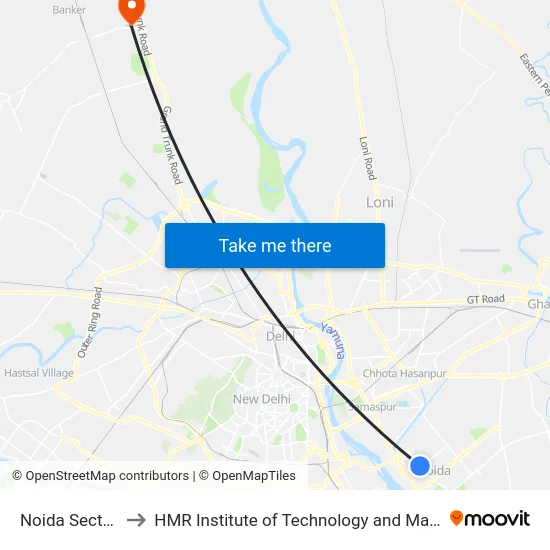 Noida Sector 16 to HMR Institute of Technology and Management map