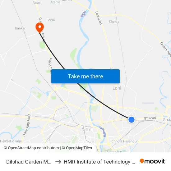 Dilshad Garden Metro Station to HMR Institute of Technology and Management map