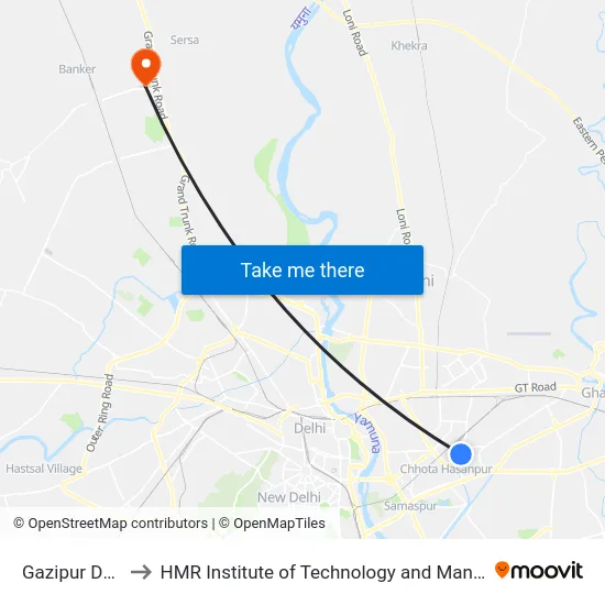 Gazipur Depot to HMR Institute of Technology and Management map