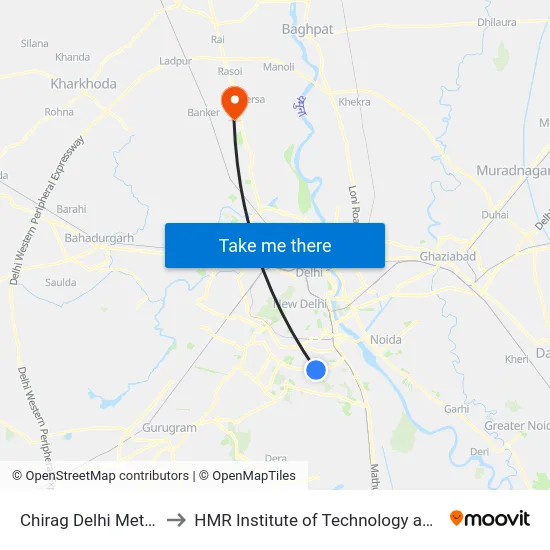 Chirag Delhi Metro Station to HMR Institute of Technology and Management map