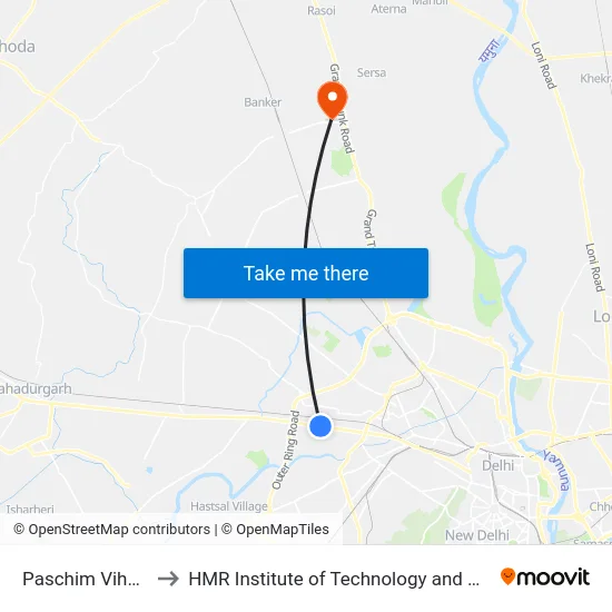 Paschim Vihar East to HMR Institute of Technology and Management map