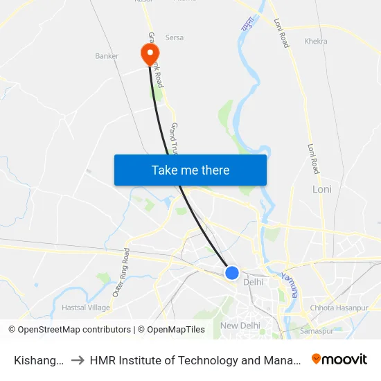 Kishanganj to HMR Institute of Technology and Management map