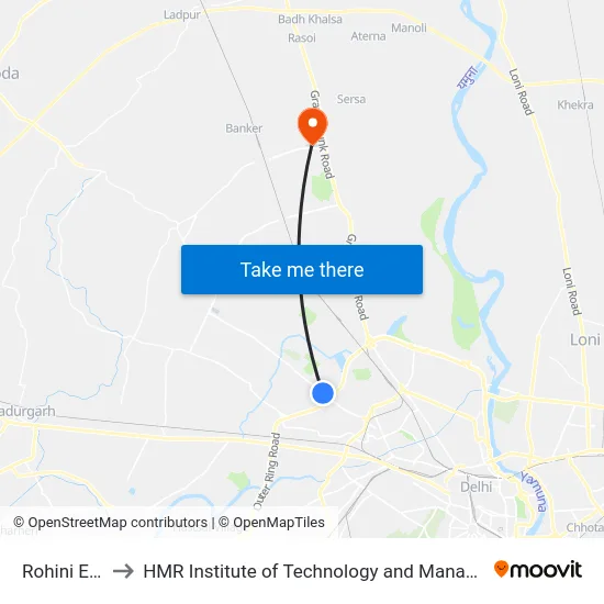 Rohini East to HMR Institute of Technology and Management map