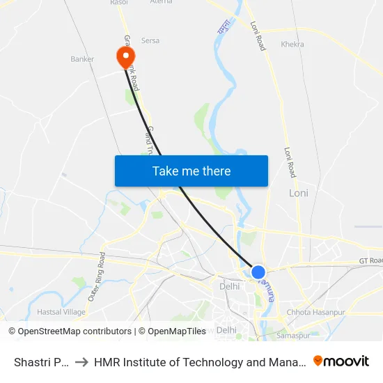 Shastri Park to HMR Institute of Technology and Management map