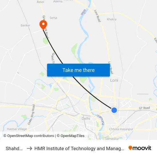 Shahdara to HMR Institute of Technology and Management map