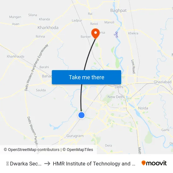 ✈ Dwarka Sector 21 to HMR Institute of Technology and Management map