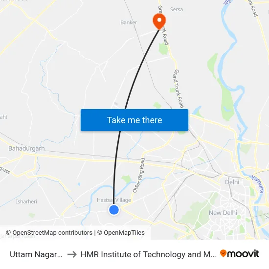 Uttam Nagar West to HMR Institute of Technology and Management map