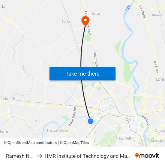 Ramesh Nagar to HMR Institute of Technology and Management map