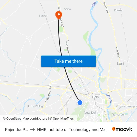 Rajendra Place to HMR Institute of Technology and Management map
