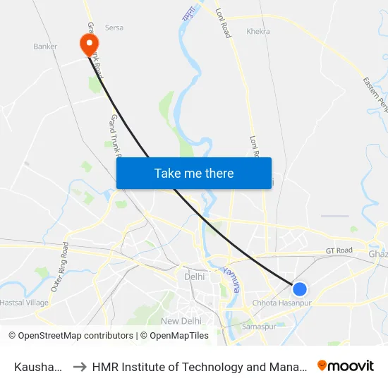Kaushambi to HMR Institute of Technology and Management map