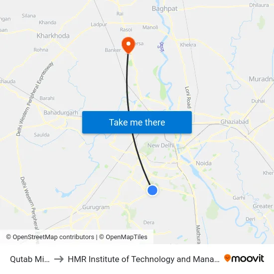 Qutab Minar to HMR Institute of Technology and Management map