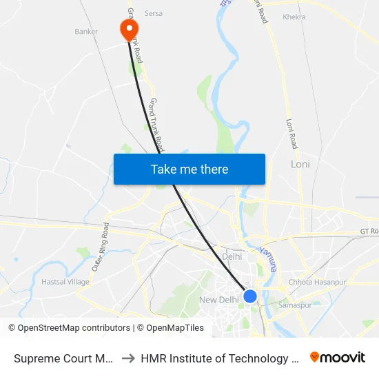 Supreme Court Metro Station to HMR Institute of Technology and Management map