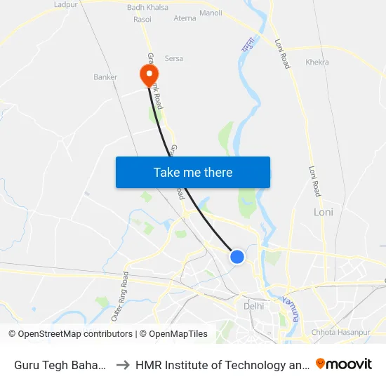 Guru Tegh Bahadur Nagar to HMR Institute of Technology and Management map
