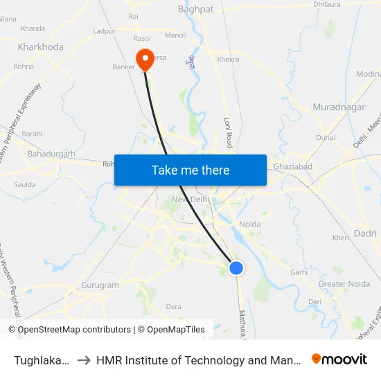 Tughlakabad to HMR Institute of Technology and Management map