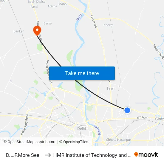 D.L.F.More Seemapuri to HMR Institute of Technology and Management map