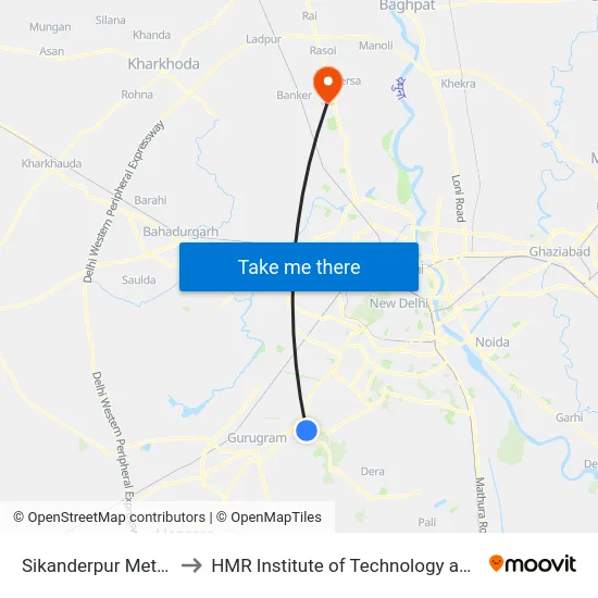 Sikanderpur Metro Station to HMR Institute of Technology and Management map