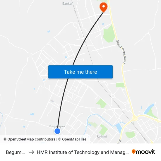 Begumpur (Kanjhawala Road) to HMR Institute of Technology and Management map