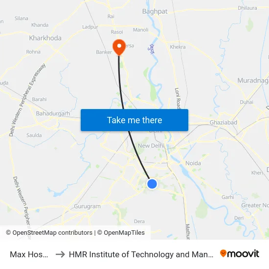 Max Hospital to HMR Institute of Technology and Management map