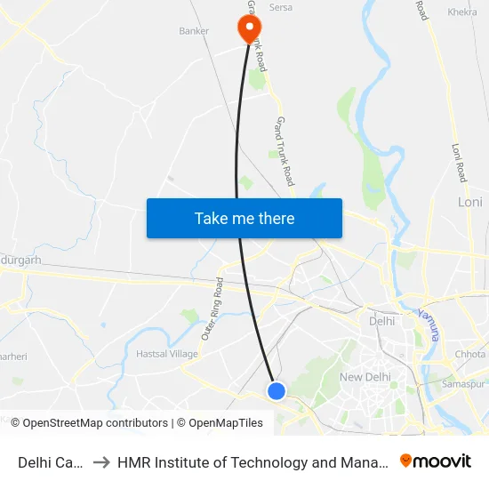 Delhi Cantt. to HMR Institute of Technology and Management map