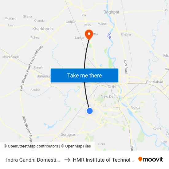 Indra Gandhi Domestic Airport Terminal 1 to HMR Institute of Technology and Management map
