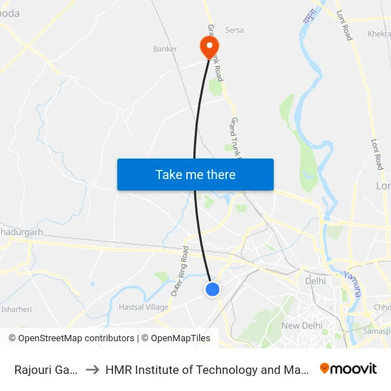 Rajouri Garden to HMR Institute of Technology and Management map