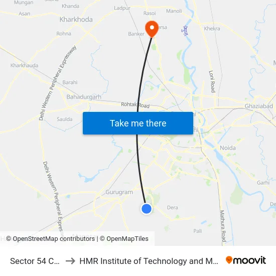 Sector 54 Chowk to HMR Institute of Technology and Management map