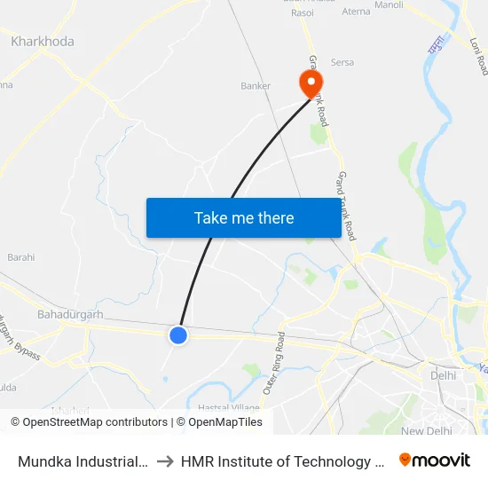 Mundka Industrial Area (Mia) to HMR Institute of Technology and Management map