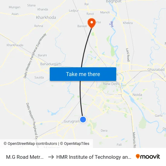 M.G Road Metro Station to HMR Institute of Technology and Management map