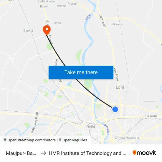Maujpur- Babarpur to HMR Institute of Technology and Management map