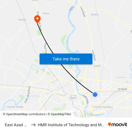 East Azad Nagar to HMR Institute of Technology and Management map