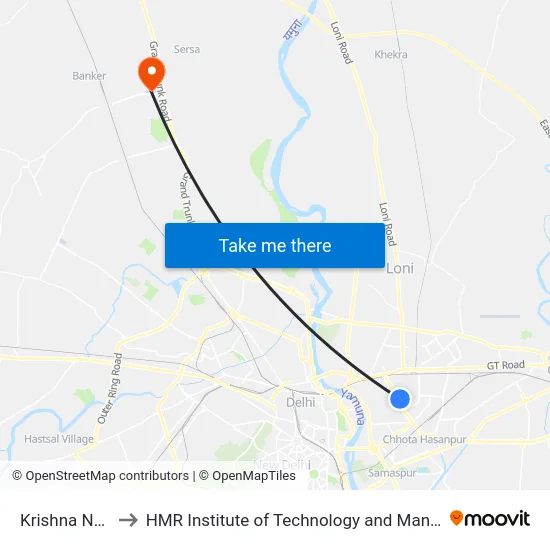 Krishna Nagar to HMR Institute of Technology and Management map