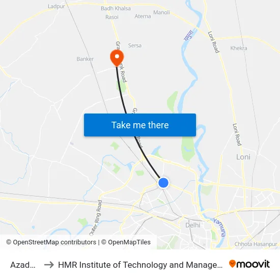 Azadpur to HMR Institute of Technology and Management map
